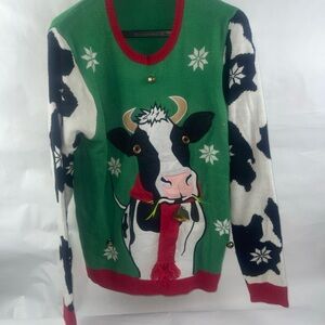 Festive Cow Print Sweater - Green and Red